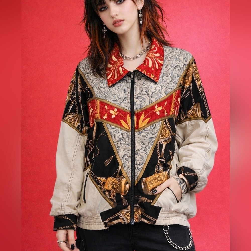 VTG GIACCA 1980s Floral Chain Swishy Oversized Track Zipper Jacket